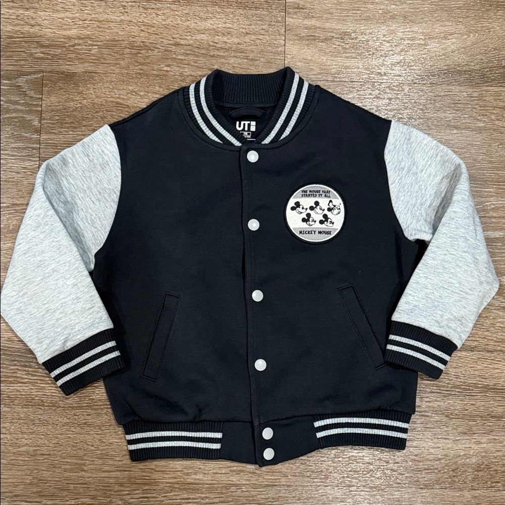 Uniqlo Kids Black and Gray Mickey Mouse Varsity Jacket